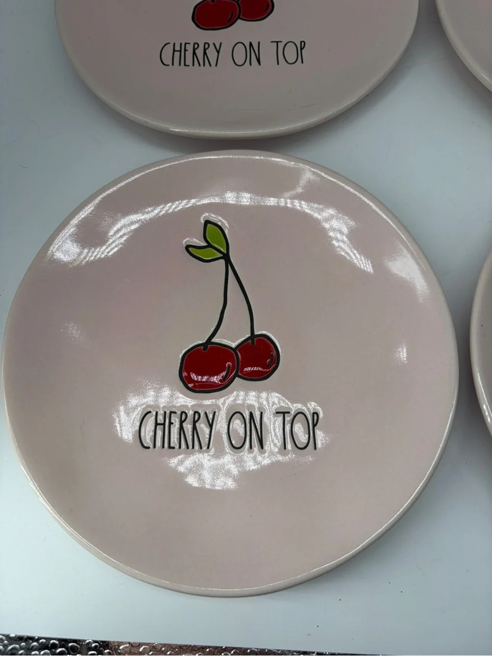 Rae Dunn Pink 'Cherry On Top' Dessert Plates - Red Cherry Design 6”